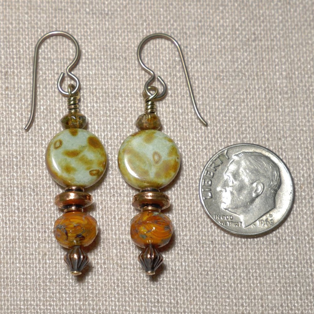 Hand Crafted Handmade Earrings Green & Orange Czech Glass Long Earrings - Picture 3 of 4